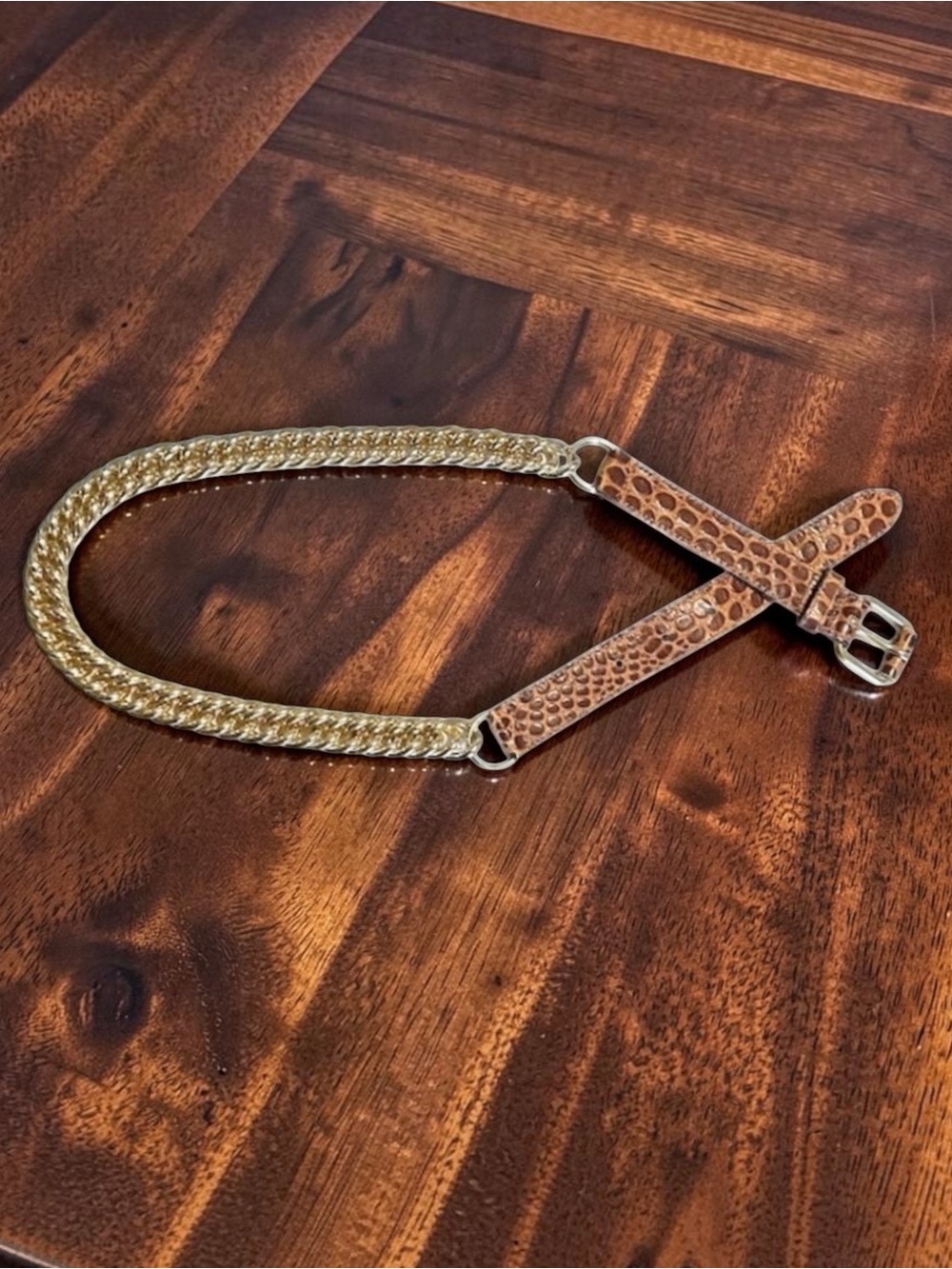 AXCESS Brown Croc Embossed Leather and Gold Chain Belt Made in Italy Medium